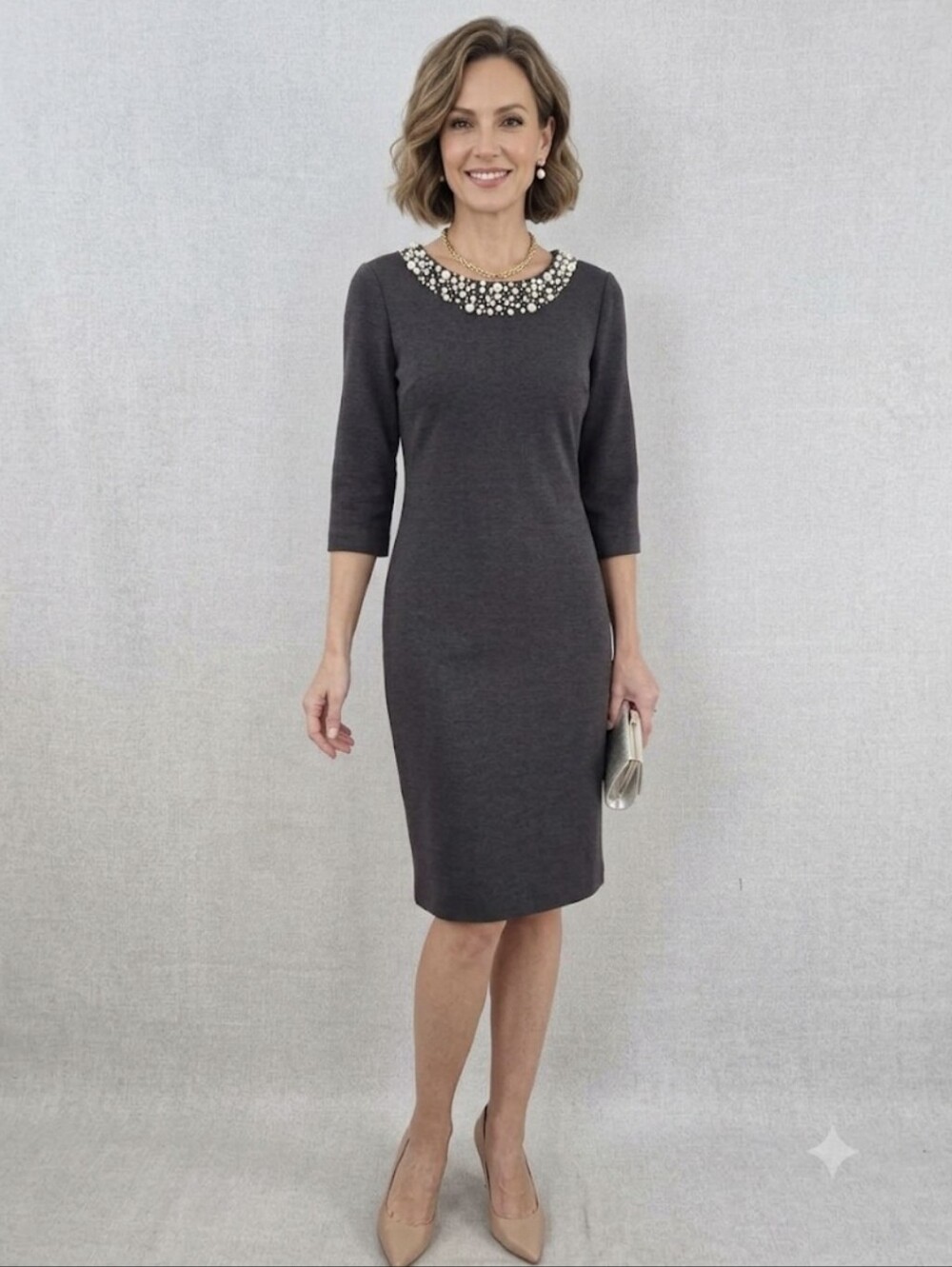 Leslie Fay Charcoal Gray Sheath Dress with Pearl Neckline Size 6 (SKU 0074)